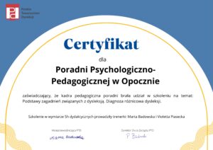 Certyfikat dla Poradni Psychologiczno-Pedagogicznej w Opocznie